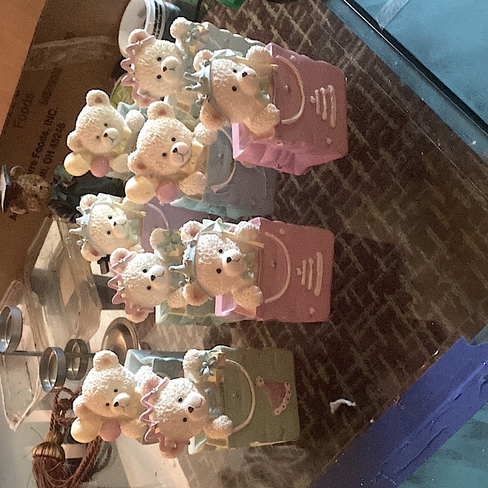 Ceramic teddy bears in gift bag. Baby or child theme. There are 9 Bear nick nac